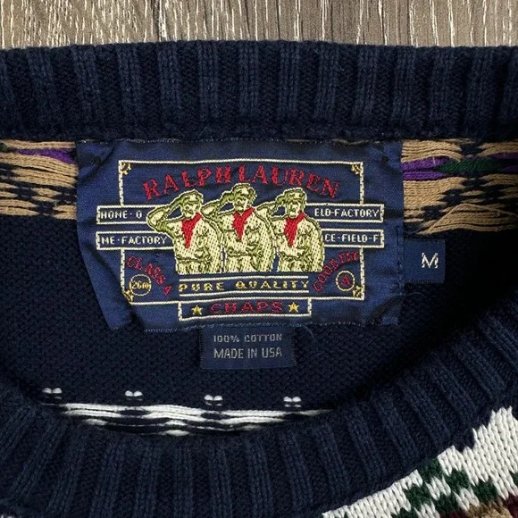 Vintage Chaps Ralph Lauren Navy Fair Isle Cotton Knit Sweater Mens M Made in USA